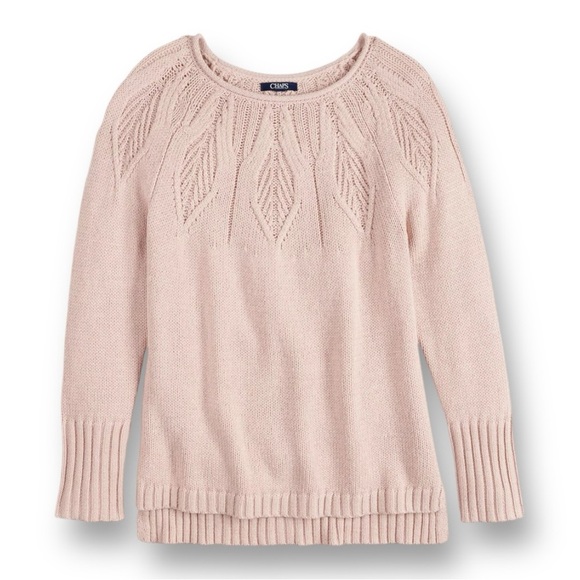NWT Chaps Pointelle Yoke Sweater Leaf Stitch Blush Pink with Gold Threds L - Picture 1 of 13